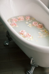 White bath with milk and rose petals. Relaxation and harmony
