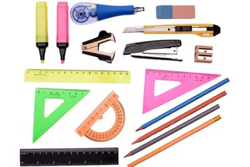Office supplies pen pencil ruler, isolated on white background