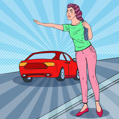 Pop Art Woman Catching a Car in the City Road. Vector illustration