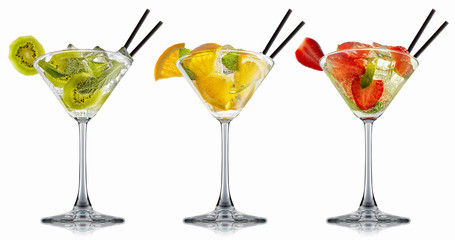 alcohol cocktail set on a white with fresh summer fruits