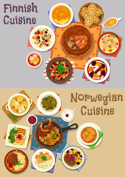Finnish and norwegian cuisine dinner icon set