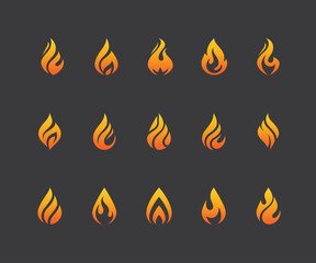 Set of fire flame icons and logo isolated on black background. - 163643408