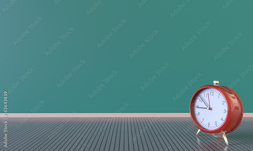 Poster decorative red clock with green wall background / 3d rendering