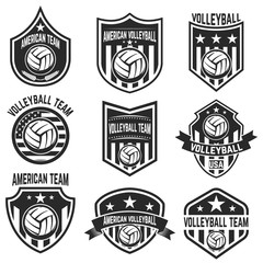 American volleyball team labels. Design elements for logo, emblem, sign, badge. Vector illustration