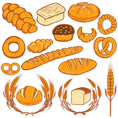 Set of bread illustrations. Fresh bakery. Design elements for poster, menu, flyer. Vector illustration