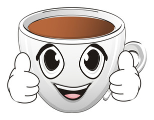 Cup, dish, saucer, porcelain, cartoon, illustration, drink, object, face, happy, coffee, gesture, cool