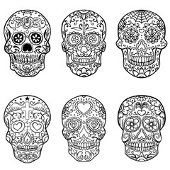 Set of hand drawn sugar skulls. Day of the Dead. Dia de los Muertos. Vector illustration