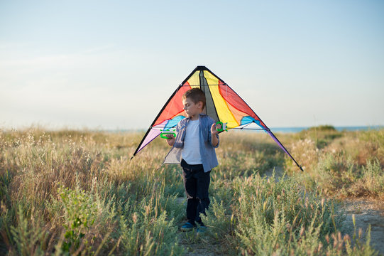 dreaming little boy holding a kite behind his shoulders