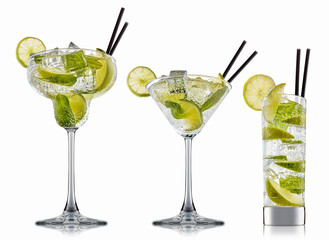 fresh fruit alcohol cocktail or mocktail in classic glass with ice cubes, lime and mint isolated on white background