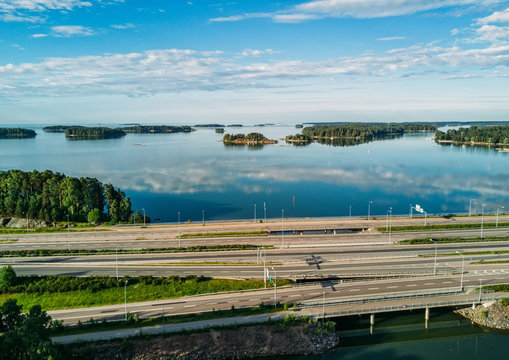 The highway near to the Baltic Sea at the time of incredible reflections in the water