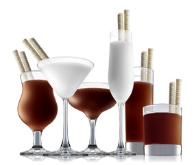chocolate and milk cocktail set on a white with fresh summer fruits