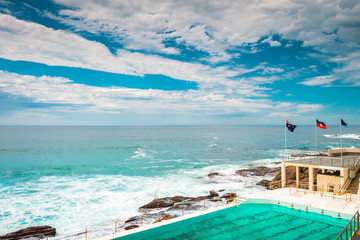 Bondi Beach view at open swimming pool with ocean