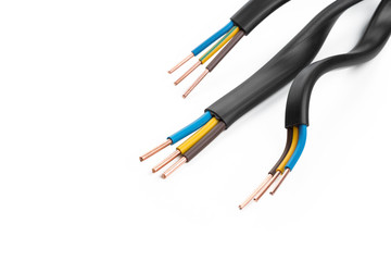 Electric screened cable with many wires isolated on white