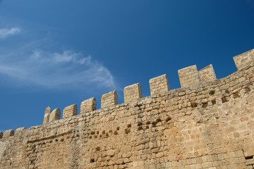 The medieval walls of the Castle of Lindos built by the Knights Templar on the Acropolis of Lindos....