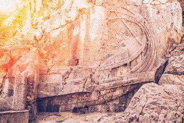 Relief of a Rhodian Trireme Warship carved into rock on the ascent to the Acropolis of Lindos. Rhodes, Dodecanese Islands, Greek Islands, Greece, Europe