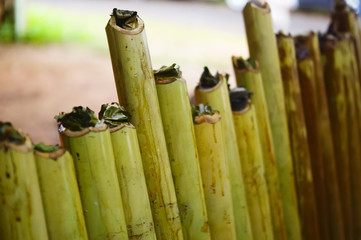 Lemang is a traditional food made of glutinous rice, coconut milk and salt, cooked in a hollowed bamboo stick lined with banana leaves in order to prevent the rice from sticking to the bamboo