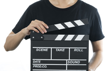 woman holding movie clapper on white background