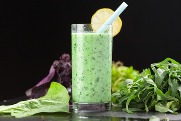 Healthy green vegetable smoothie with apples,spinach,cucumber
