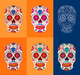 Day of the dead sugar skulls set. Mexican day of the dead. Dia de los muertos skull illustration. Colorful EPS10 vector. Easy editable.