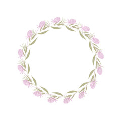 Vector botanical illustration with a wreath made of stylized leaves and clover flowers.