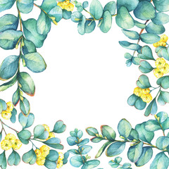 Green floral square frame with a branch of silver-dollar eucalyptus cordata  and Eucalyptus websteriana  (Heart-leafed), isolated on white background. Watercolor hand drawn painting illustration.
