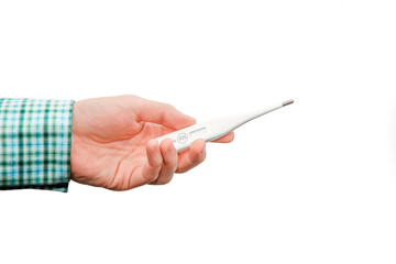Termometr elektroniczny w ręce wyizolowany białe tło