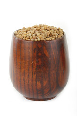 coriander in wooden cup isolated