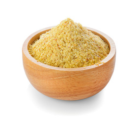 Wheat germ in wood bowl on white background