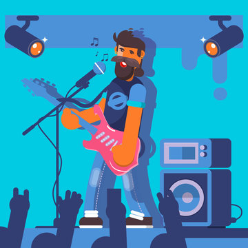 Bass Guitarist plays on the electric guitar. Rock Band Member Funny Character.Vector illustration