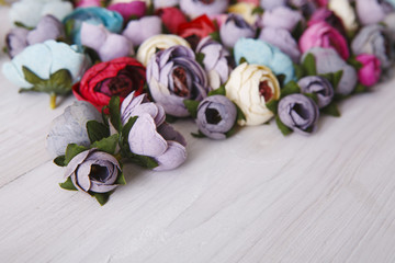 Beautiful artificial flowers variety, copy space