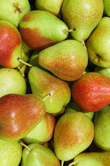 Fresh ripe multi-colored pears in a box