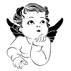 Mały aniołek, leży i podpiera swoją głowę ręką.  © Aneta