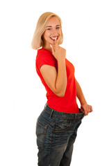 active young woman gesture weight loss isolated over white background