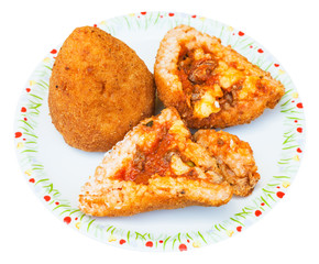 ragu stuffed rice balls arancini on plate isolated