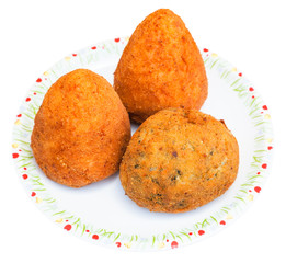 various rice balls arancini on plate isolated