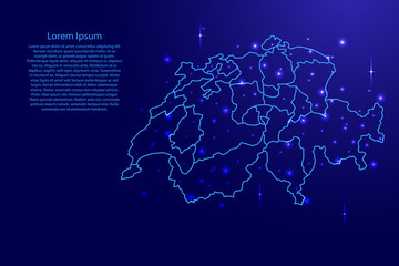 Map Switzerland from the contours network blue, luminous space stars of vector illustration