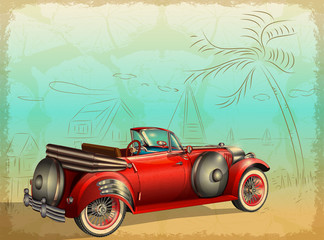 Retro car on summer background  with  palm trees and seascape