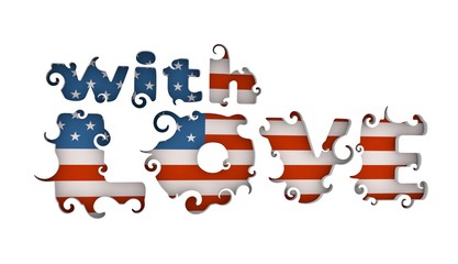 Lettering illustration with Love keyhole style text. Typography poster with abstract ornament of curls. 3D rendering. Flag of USA on backdrop