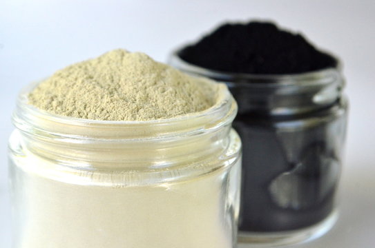 Cosmetic clays and powders for beauty face masks and skin detox - French green clay, red clay, kaolin, pink clay and powdered activated charcoal
