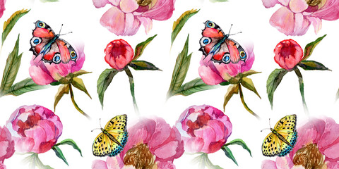 Wildflower peony flower pattern in a watercolor style. Full name of the plant: peony. Aquarelle wild flower for background, texture, wrapper pattern, frame or border.