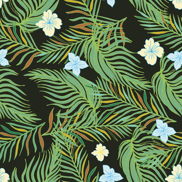 Hand Drawn Seamless Background With Palm  Leaves And Tropical Flowers.