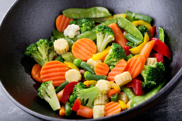 stir fried vegetables in a wok