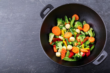 stir fried vegetables in a wok