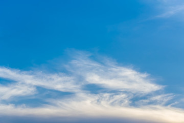 Naklejka na ściany i meble Blue sky background with tiny clouds. White fluffy clouds in the blue sky