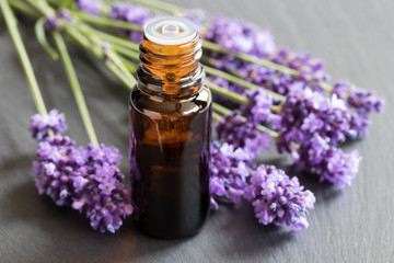 A bottle of lavender essential oil on a dark background