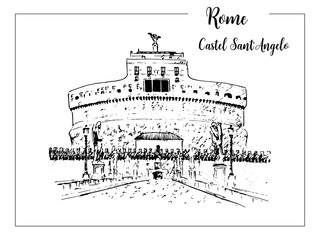 Rome cityscape. Castel Sant'Angelo skyline. architectural symbol. Beautiful hand drawn vector sketch illustration. Italy.
