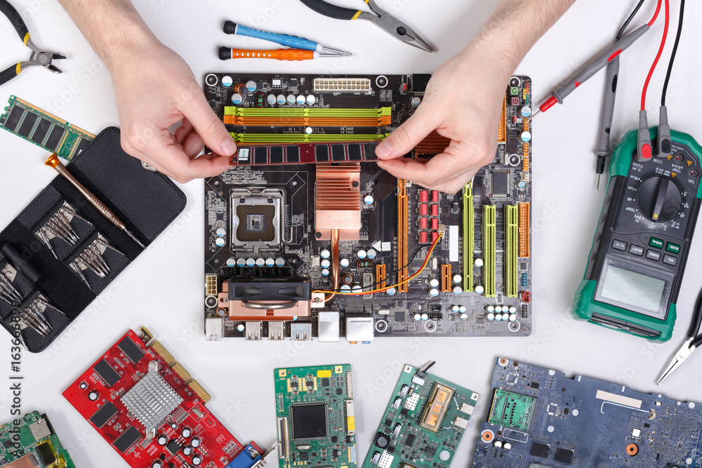 Poster technician upgrade of computer top view, motherboard