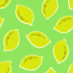 Hand drawn seamless pattern with lemons in yellow, black and cream on green background.
