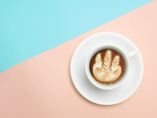 Business, education, idea, inspiration and people concept - close up.Top view of colorful cup of coffee color background for create idea for business or design .Relax coffee time . (flat lay)