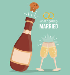 colorful poster of we are getting married with champagne bottle with cork blow up and champagne glasses